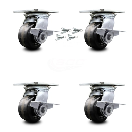 Service Caster 4 Inch Phenolic Caster Set with Roller Bearing and Brakes/Swivel Locks SCC SCC-35S420-PHR-SLB-BSL-4